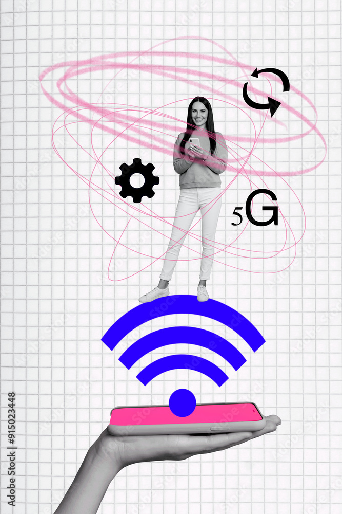 Poster vertical collage image 5g wifi signal fast speed internet connection smartphone hotspot broadcast ro