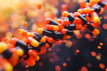 Swirling array of capsules in mid air symbolizing the overwhelming presence of pharmaceuticals in modern life captured in a vibrant high energy image