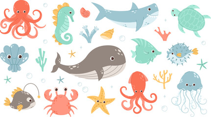 Cute sea animals, underwater creatures, fish, jellyfish, whale and octopus. Ocean aquatic animals, shark, turtle, crab vector symbols illustrations set. Underwater marine fauna