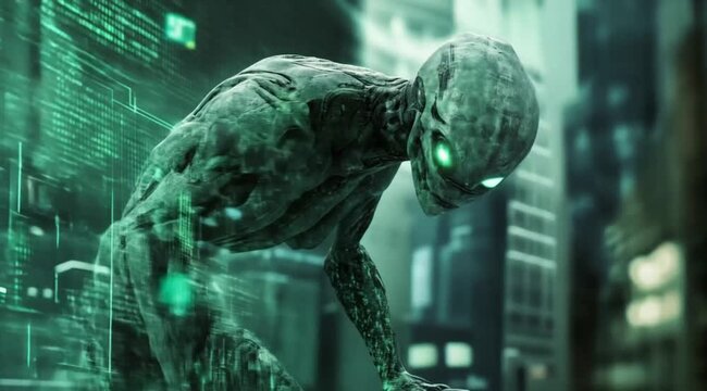 Scene shows aliens on transfer data, Camera slow motion with different angles