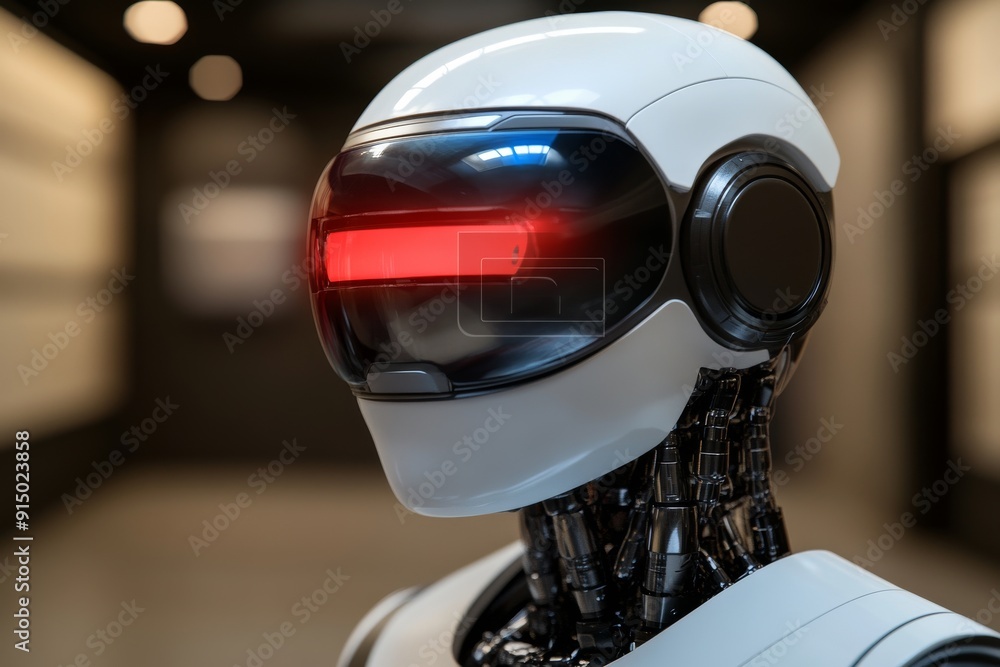 Aufkleber humanoid robot with a reflective visor and red accents symbolizing the fusion of ai and futuristic d