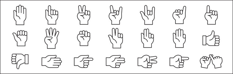 Hands gesture icon set. Hand finger signs set. Hands fingers symbol. included icons as palm, fist, bull, index, pinky, thumb up, counting and peace. Vector stock illustration in line style.