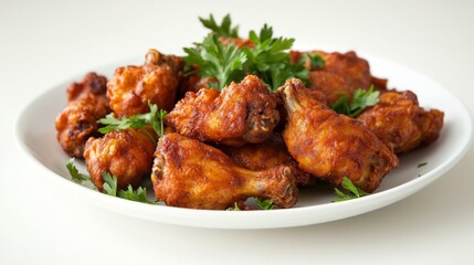 Fototapeta premium A beautifully arranged plate of fried chicken pieces, garnished with fresh parsley, on a white background.