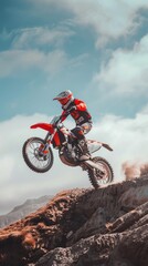 Obraz premium A man is riding a dirt bike on a rocky hill