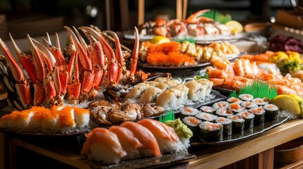 A beautifully arranged seafood buffet at a resort, featuring an array of dishes including sushi, crab legs, and grilled fish.
