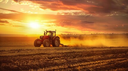 Fototapeta premium Tractor at work in sunrise field golden morning light on landscape realistic photo