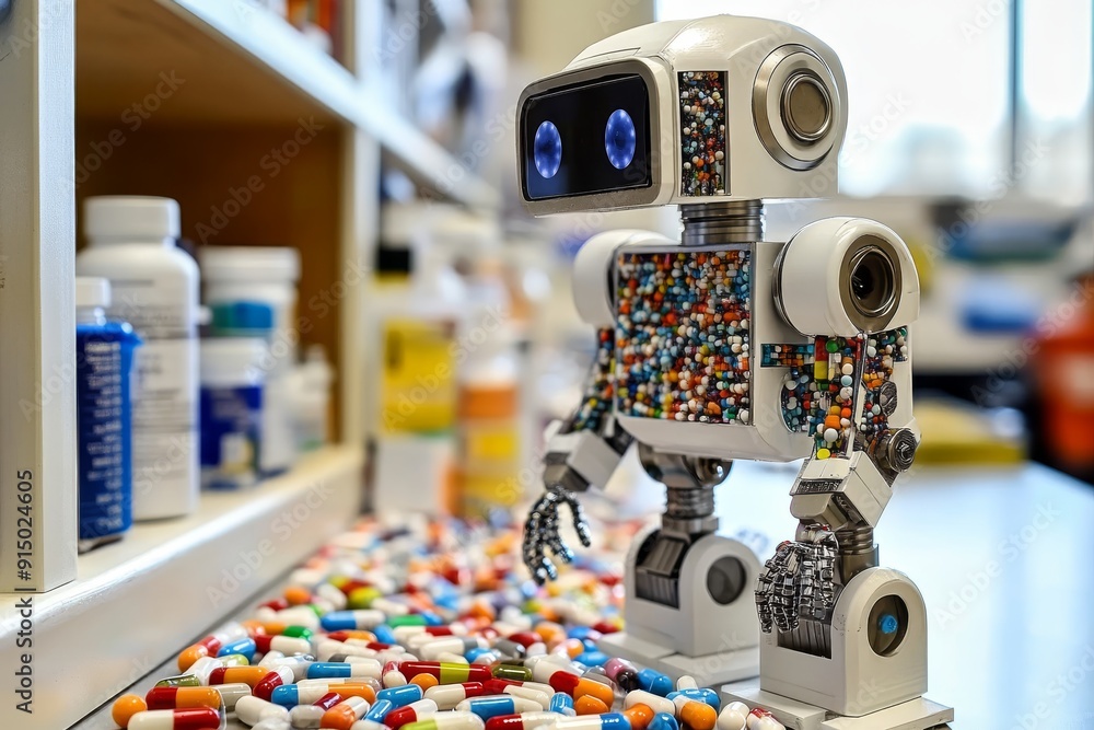 Aufkleber small robot surrounded by a sea of colorful capsules symbolizing the intersection of technology and 