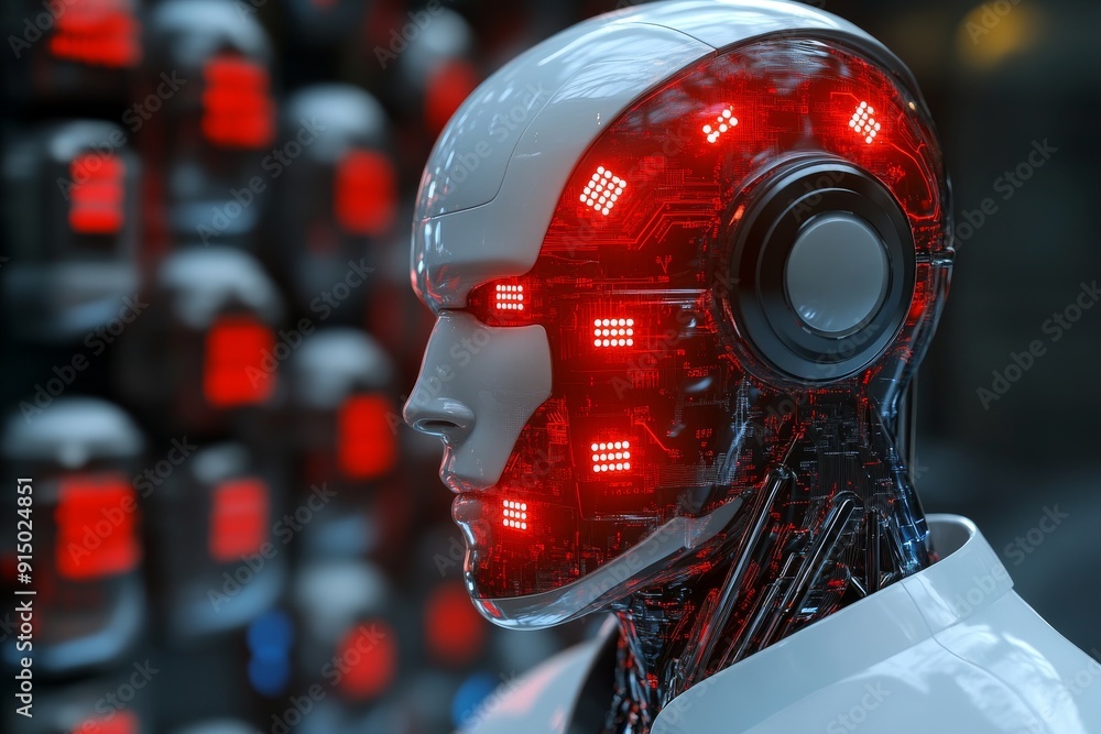 Poster humanoid robot with a red helmet and glowing eyes symbolizing the integration of ai and human elemen