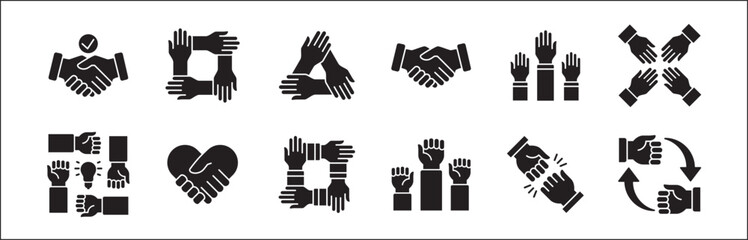 Teamwork icon. Cooperation hands icon set. Collaboration symbol. Business co-worker sign. Icons of brotherhood, relation, connection, partnership. Vector isolated illustration in flat solid design