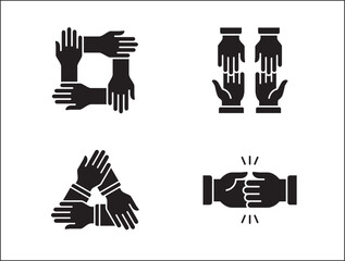 Teamwork icon. Cooperation hands icon set. Collaboration symbol. Business co-worker sign. Icons of brotherhood, relation, connection, partnership. Vector isolated illustration in flat solid design
