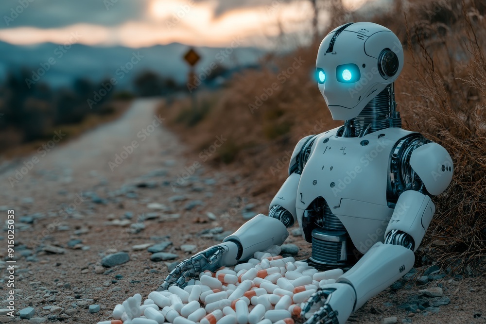Poster humanoid robot sitting in a desert landscape symbolizing the intersection of technology and nature c