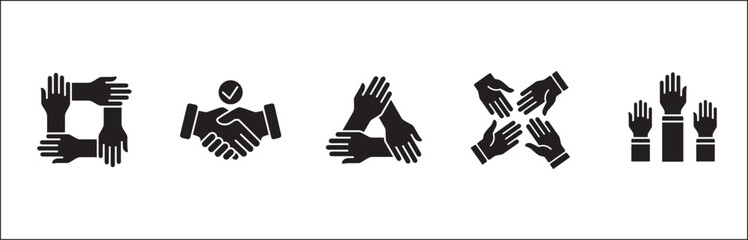Teamwork icon. Cooperation hands icon set. Collaboration symbol. Business co-worker sign. Icons of brotherhood, relation, connection, partnership. Vector isolated illustration in flat solid design