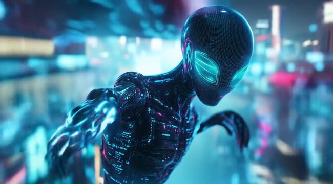 Scene shows aliens on transfer data, Camera slow motion with different angles