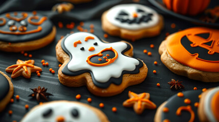 Delicious funny Halloween cookies with ghosts and pumpkins on a black wooden table. Homemade cookies are decorated with icing. Trick or Treat. Happy Halloween.