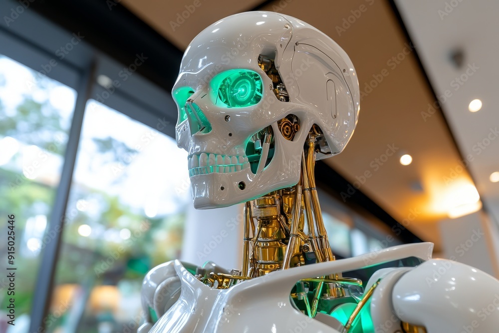Poster humanoid robot with glowing green eyes and exposed internal mechanisms symbolizing the fusion of tec