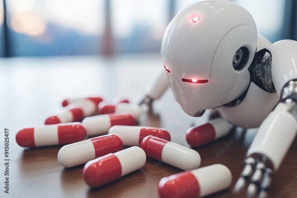Poster humanoid robot lying down next to large red and white capsules symbolizing the intersection of ai an