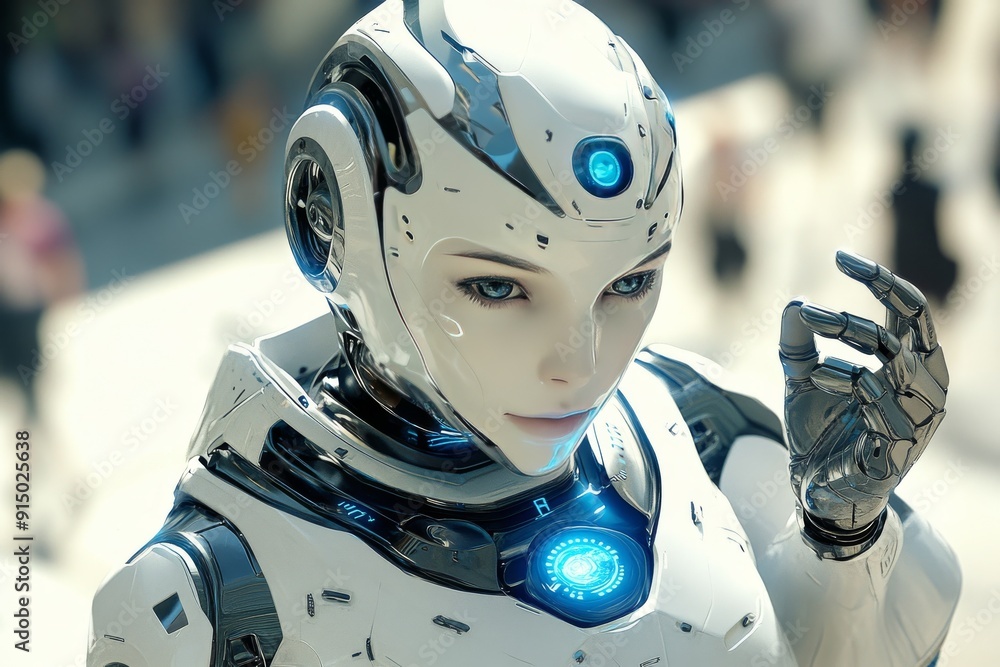 Poster advanced humanoid robot with a glowing blue circle on its chest symbolizing the integration of ai in