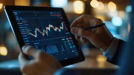 A businessman analyzing a complex stock chart on a digital tablet, highlighting the intricacies of market data.
