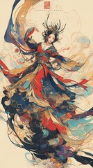 Ethereal Dunhuang Apsara Dancing on Lotus Throne: Exquisite Brushwork Captures Graceful Movement in Chinese Red and Indigo. Golden Background Adorned with Auspicious Clouds Evokes Ancient Cultural Her