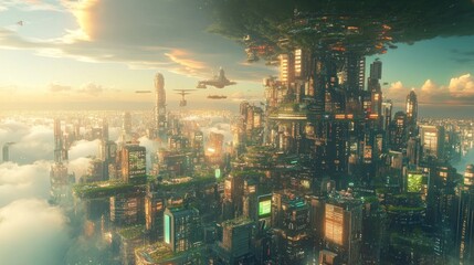 Obraz premium Futuristic Cityscape with Flying Vehicles