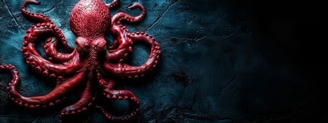 Obraz premium A large red octopus rests atop a blue wall, its head adorned with a smaller red octopus against a backdrop of a black wall