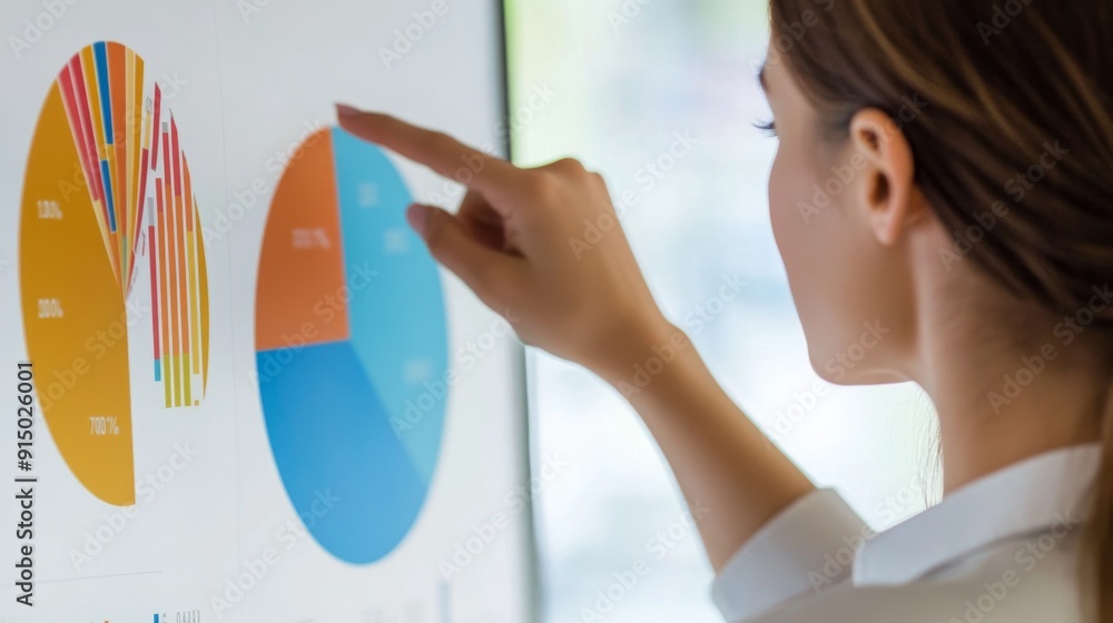 Poster A businesswoman pointing to a section of a pie chart during a presentation, highlighting key data points