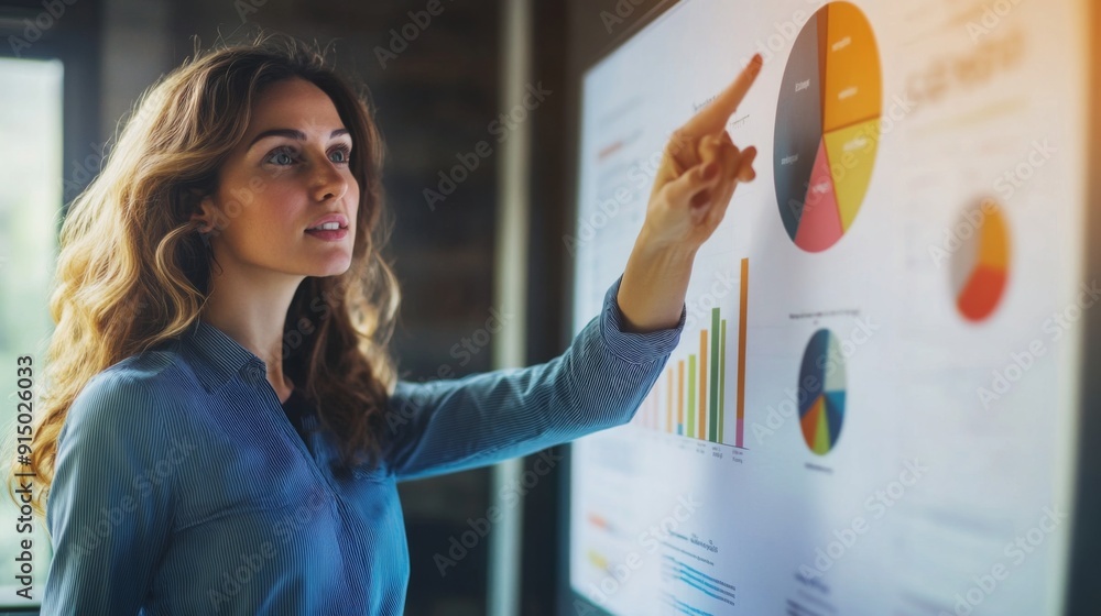 Poster a businesswoman pointing to a section of a pie chart during a presentation, highlighting key data po
