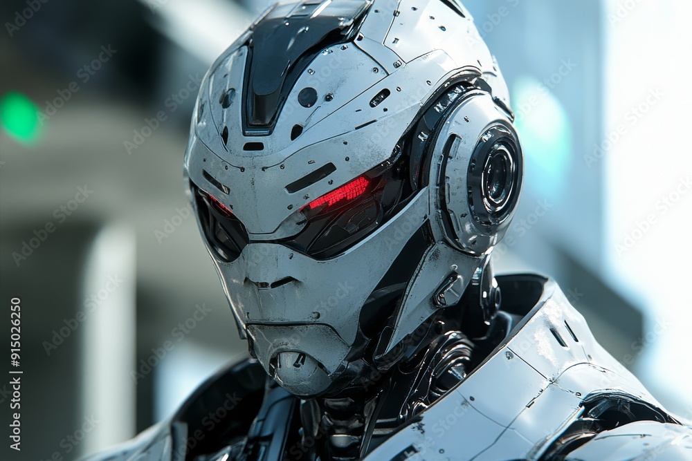 Poster humanoid robot with a sleek white design and red accents symbolizing the integration of ai and human