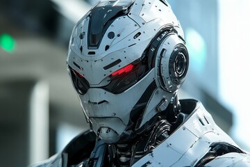 Fototapeta premium Humanoid robot with a sleek white design and red accents symbolizing the integration of AI and human elements captured in a bright high tech environment