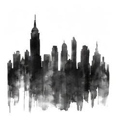 Fototapeta premium Watercolor painting of a grayscale city skyline, on isolated white background