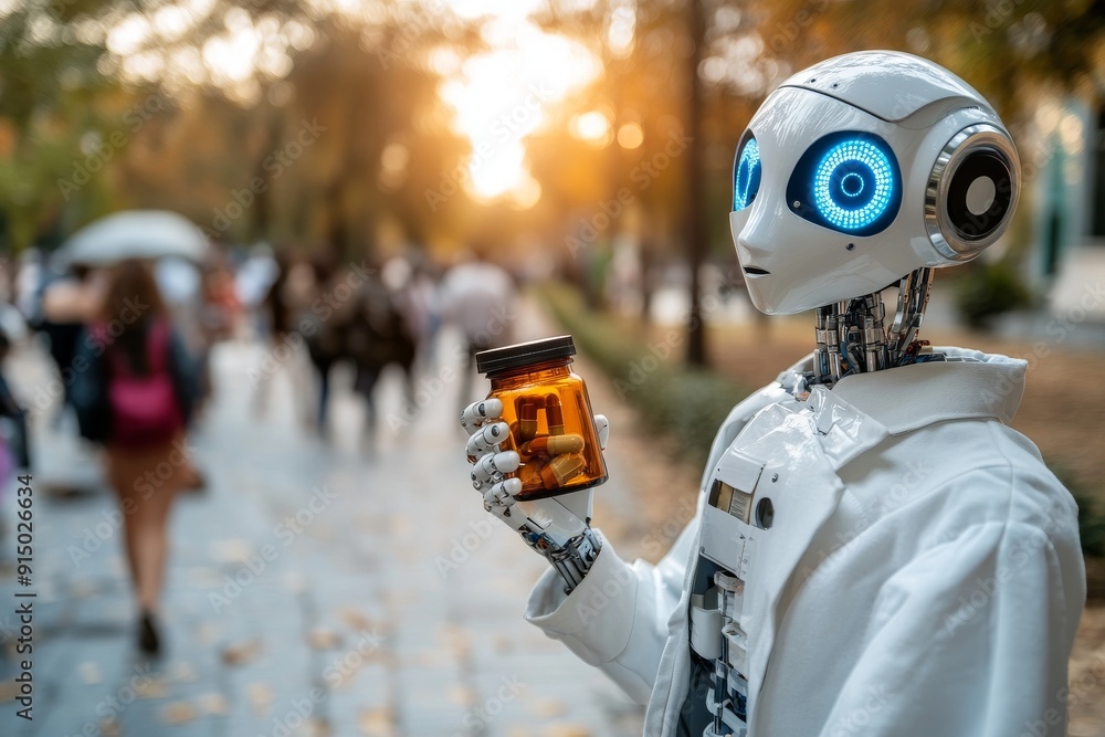 Poster small robot holding a bottle of capsules walking down a street symbolizing the integration of ai in 