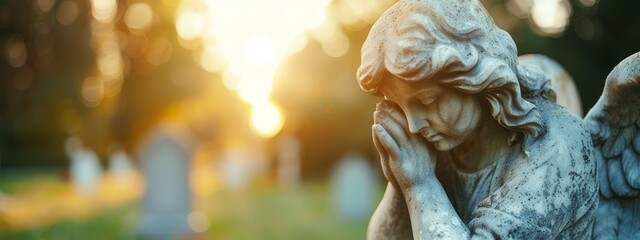  A tight shot of an angel statue with hands cradling its face, sunlight streaming behind