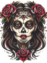 Day of the Dead Womans Head traditional tattoo illustration