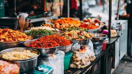 Obraz premium A bustling food market stall selling a mix of Thai and Indian street foods, with colorful dishes and aromatic spices on display.
