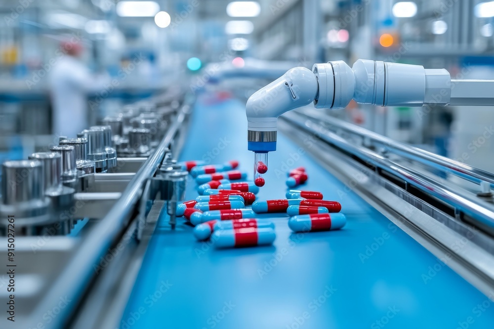 Poster robotic arm sorting capsules in a modern pharmaceutical facility symbolizing the integration of tech