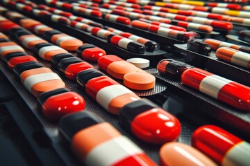 Obraz premium Conveyor belt with red and white capsules in a high tech pharmaceutical facility symbolizing automation and precision in modern medicine captured in a bright detailed environment