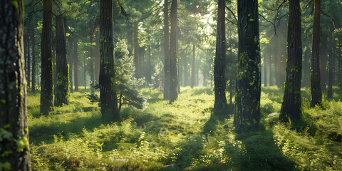 Obraz premium Sunlight Filtering Through Trees in a Lush Forest Illustration