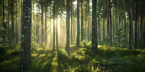 Sunlight Through Tall Pine Trees in a Forest