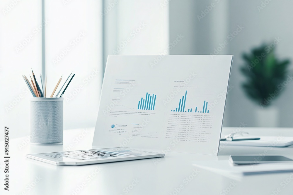 Poster a minimalist scene featuring a financial report spread across a desk, highlighting demographic stati