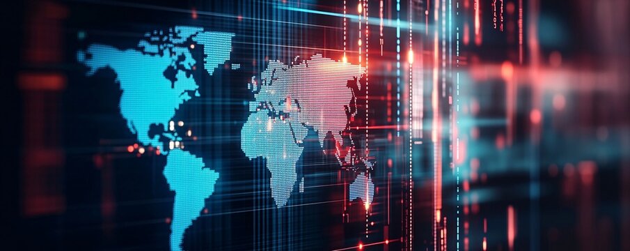 A digital display showing a world map with demographic data points and investment growth indicators. The map is surrounded by abstract graphics representing global trends, with clean copy space for