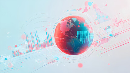 digital infographic with a globe, graphs, and statistical data representing global financial trends, displayed on a light blue and white background, symbolizing analytics 