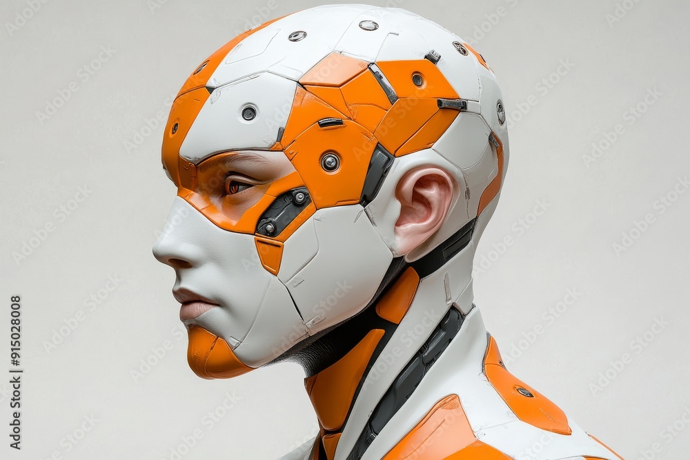 Poster humanoid robot with an orange and white design symbolizing the integration of ai and human elements 