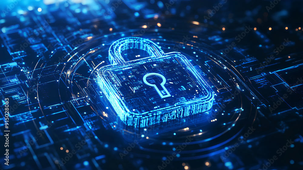 Poster digital padlock illustration with binary code and futuristic circles on a blue and white background,