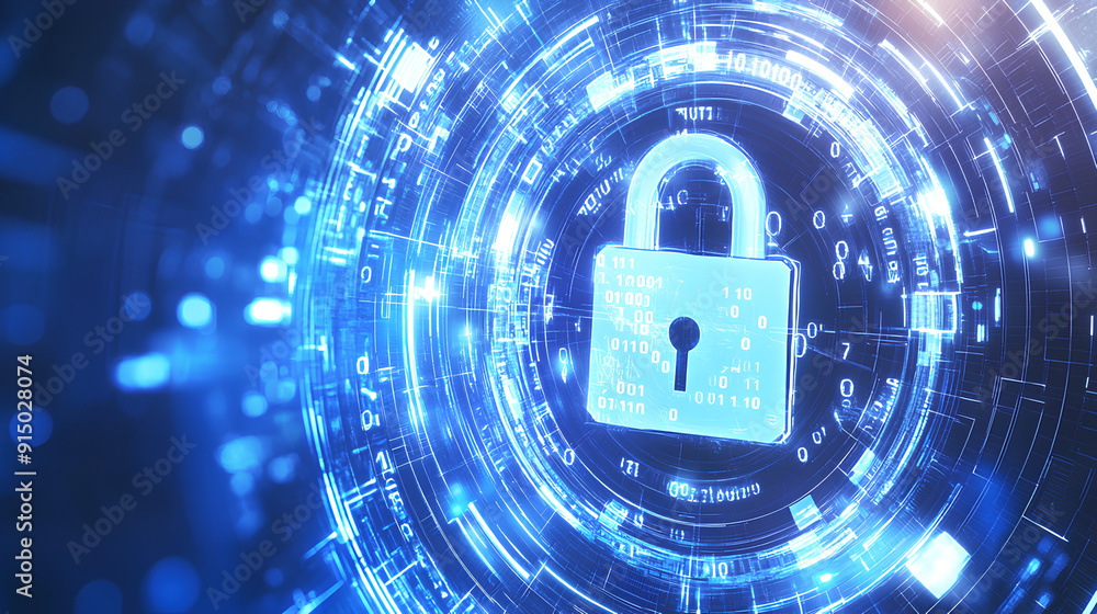 Aufkleber digital padlock illustration with binary code and futuristic circles on a blue and white background,
