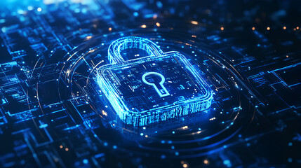 digital padlock illustration with binary code and futuristic circles on a blue and white background, concept of cybersecurity 
