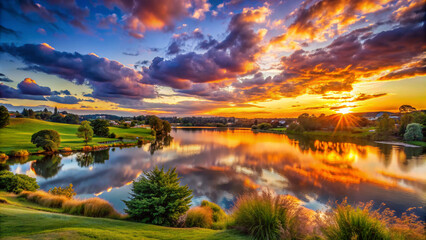Obraz premium sunset over lakelake, water, sky, landscape, sunset, nature, sunrise, clouds, reflection, river, cloud, blue, tree, sun, beautiful, summer, mountain, forest, scenery, calm, trees, view, morning, dusk,