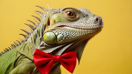 Fototapeta premium Green iguana with a red festive bow on its neck isolated on yellow background. Banner with copy space. Close up, side view. National Iguana Awareness Day 