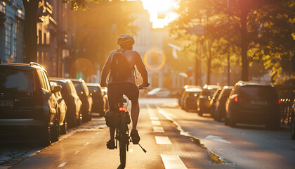 Bicyclist riding through a sunrise-lit street, Monday morning, active and eco-friendly