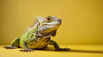 Green iguana isolated on yellow background. Banner with copy space. Close up, side view. National Iguana Awareness Day
