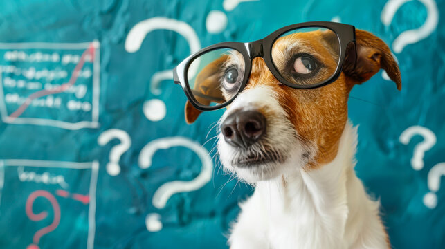 Curious and perplexed dog has a lot of questions, confused dog student, study learning education concept.
